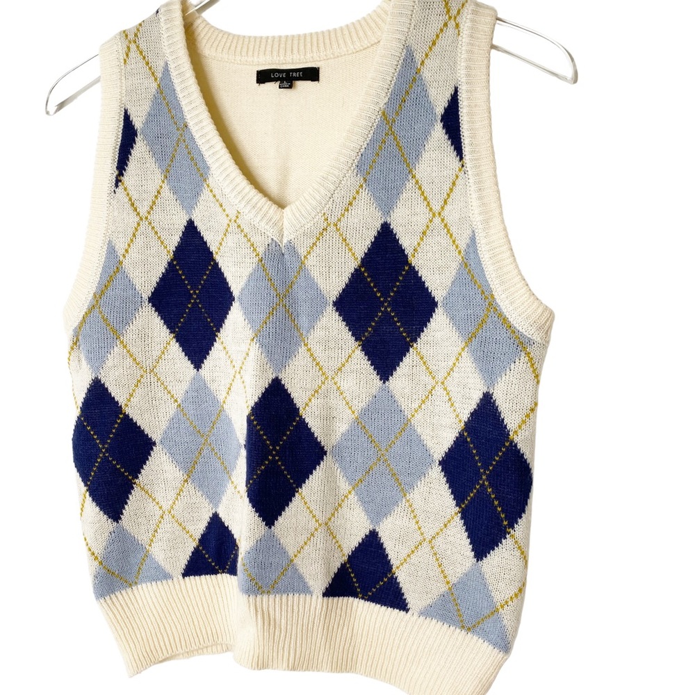 Love Tree Preppy Academia Argyle VNeck Plaid Checkered Knit Blue Cream Sweater L - Picture 3 of 8